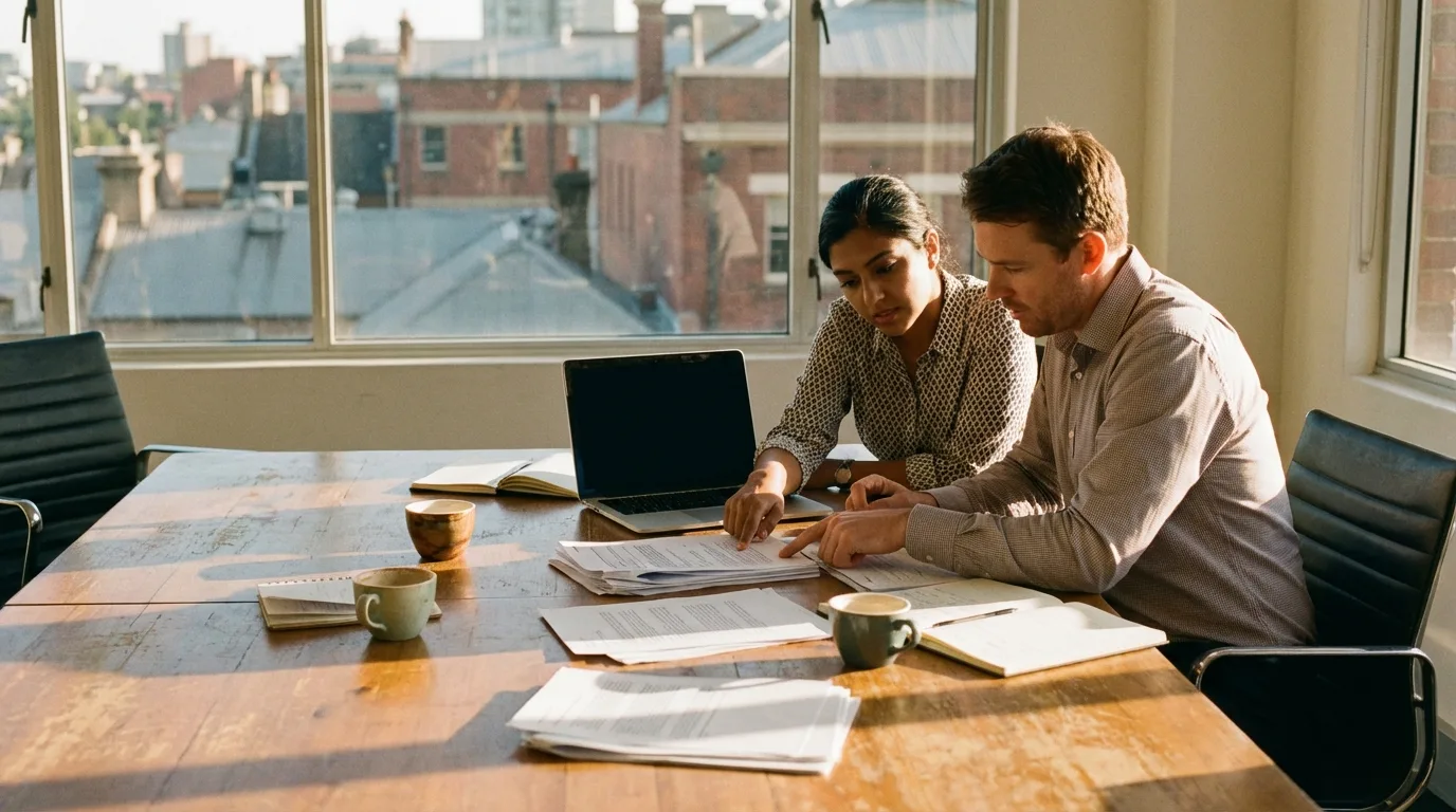 Diverse professional team in a modern Sydney office reviewing Australian salary benchmarking data — Harbour Careers.